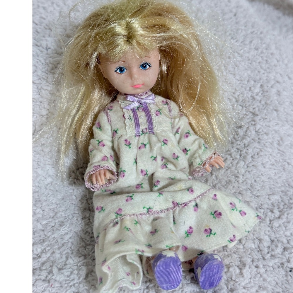 Vintage Ginny Vogue Doll 8 Inch Blonde Blue Eyes Floral Nightgown Purple Shoes